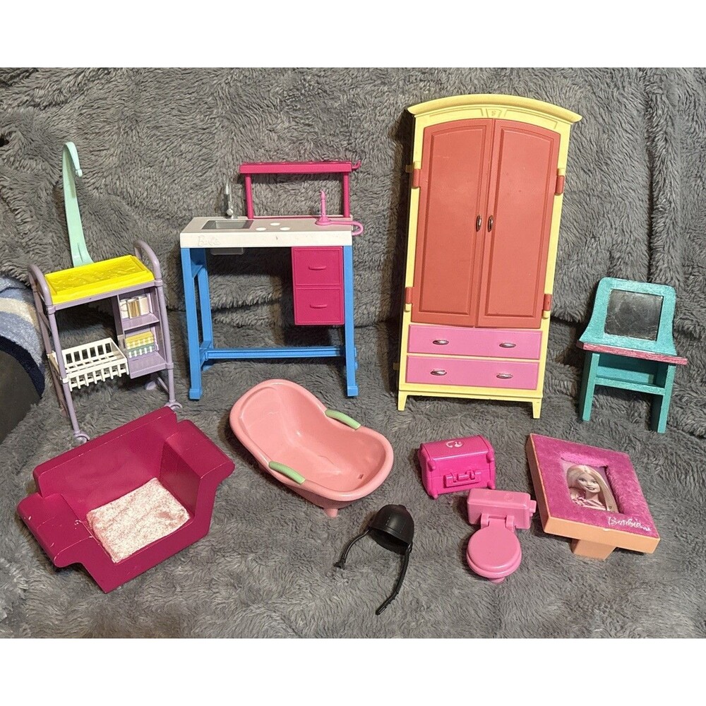 Barbie Furniture Lot Wardrobe Dr Office Equip Set Changing Table Chair Vanity
